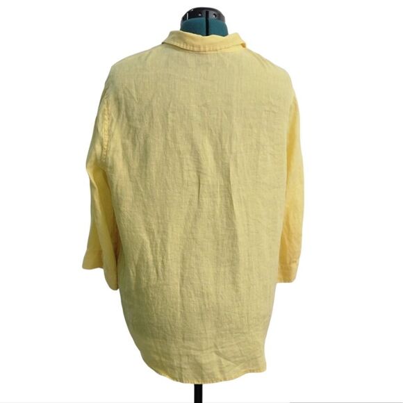 Investments 100% Linen V Neck Button Down Shirt 3/4 Sleeve Yellow Lagenlook XL - Picture 2 of 8